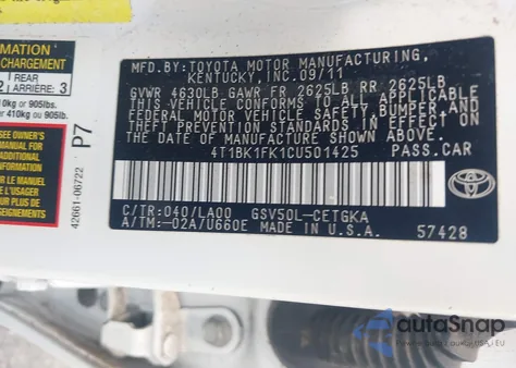 2012 Toyota Camry Xle V6 из США, поврежденный, VIN 4T1BK1FK1CU501425